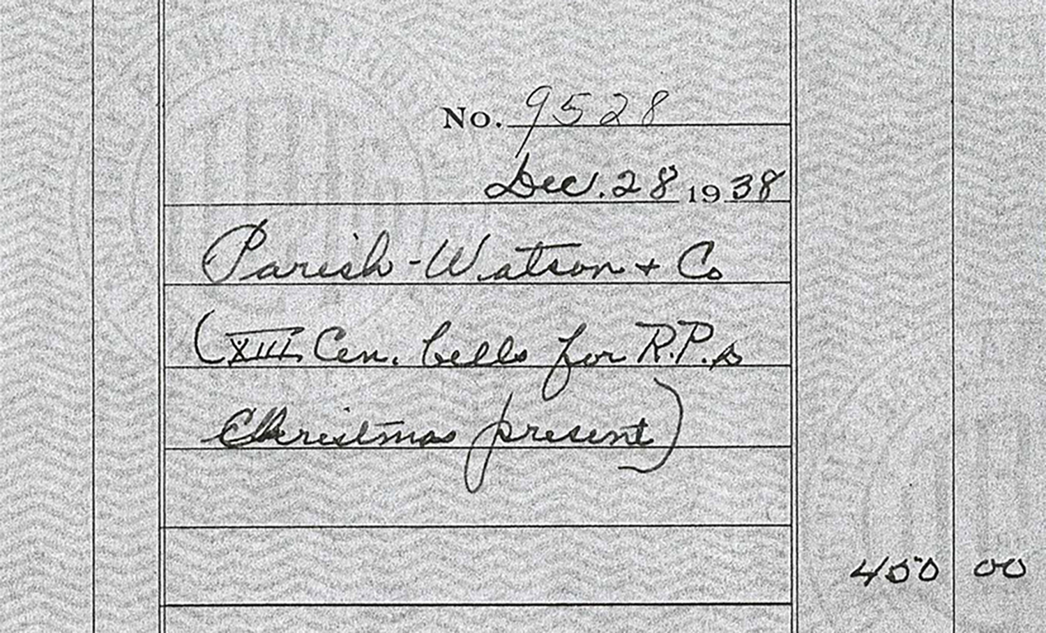 Figure 2: Mildred Pitcairn Check Stub for Purchase of Bells