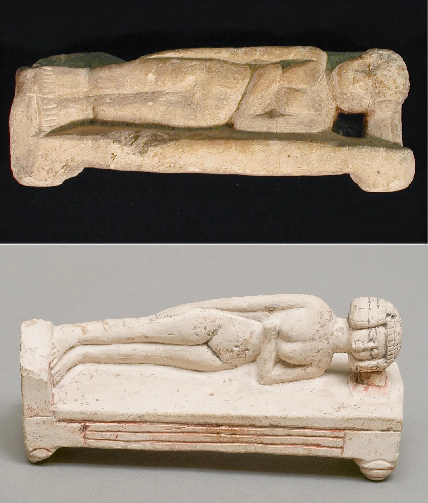 Figure 17: Similar limestone figures in the collection of Penn Museum (top, UPMAA 29-75-429) and the Metropolitan Museum of Art in New York (Rogers Fund, 1915, 15.2.8). Images courtesy of The University of Pennsylvania Museum of Archaeology and Anthropology and the Metropolitan Museum of Art, NYC. Note that the Egyptian bed did not have a headboard, but rather a footboard at the end of the bed.