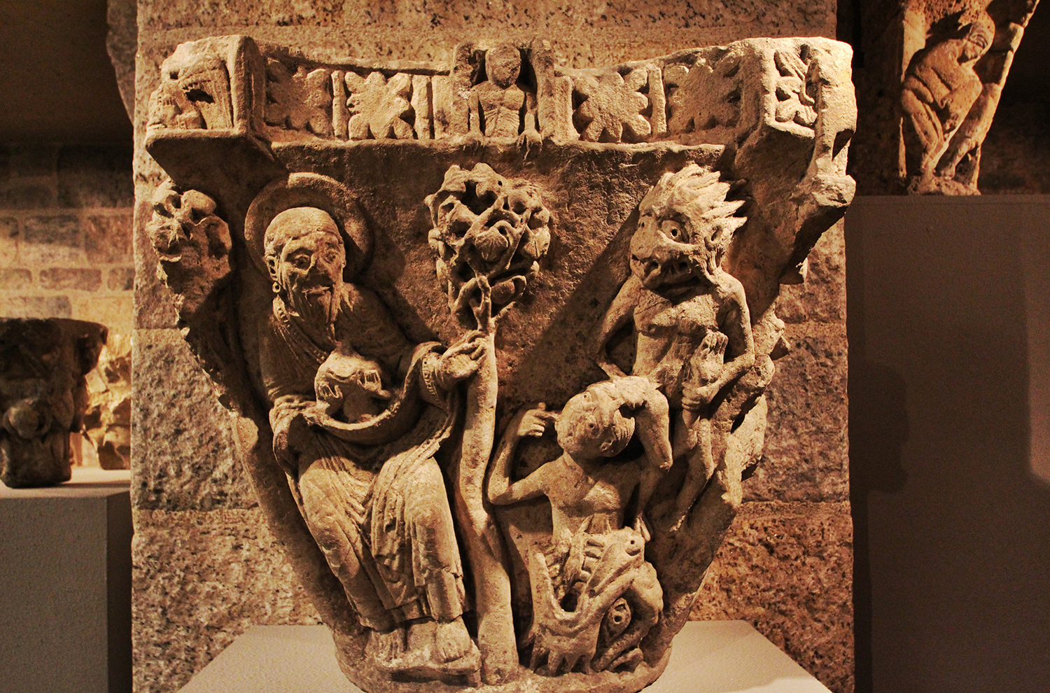 A 12-century capital in Glencairn's Medieval Gallery illustrates the biblical story of Lazarus and the rich man (09.jSP.94).