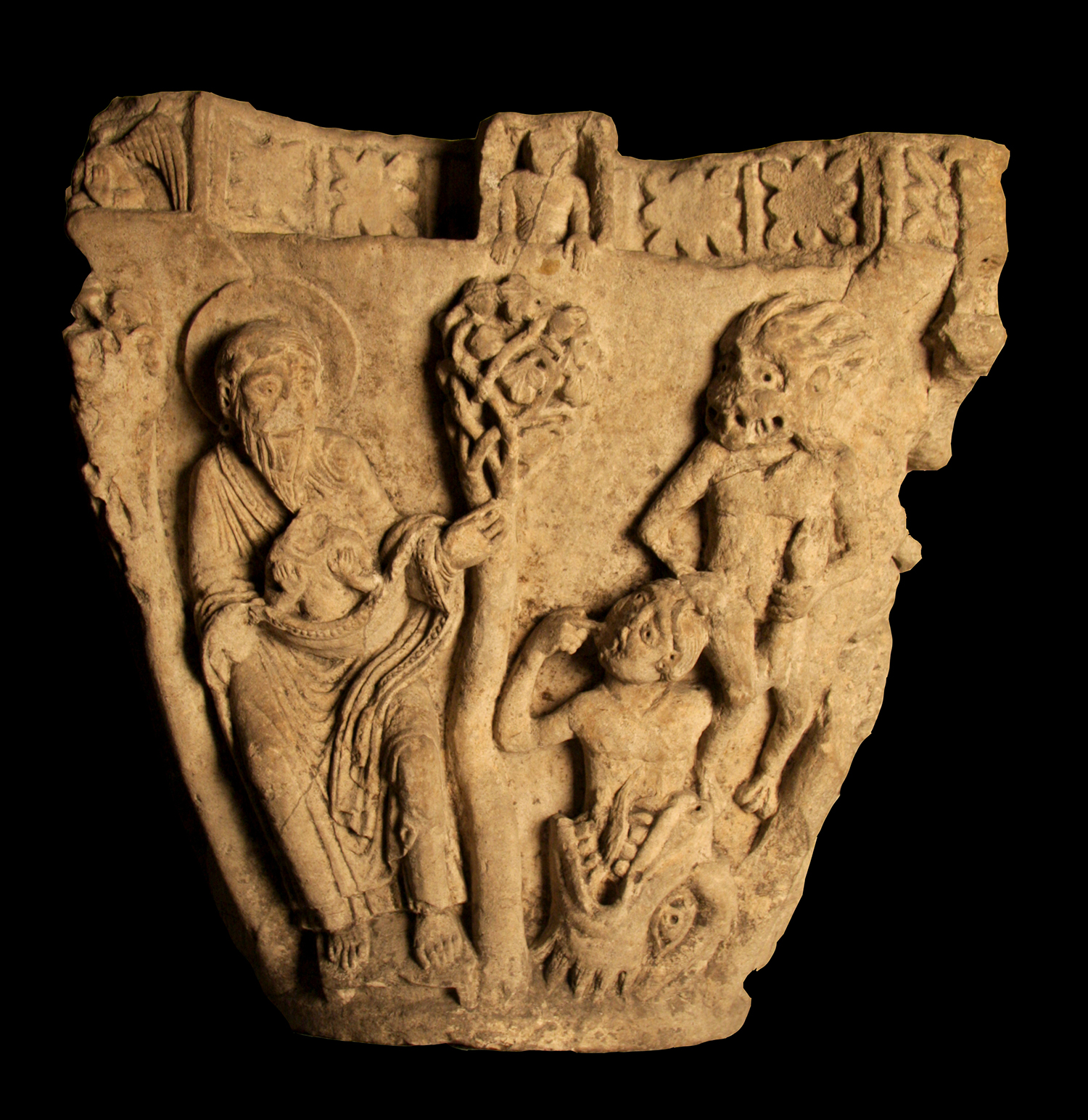 Figure 6: The central face of the capital portrays Lazarus and Dives after death.