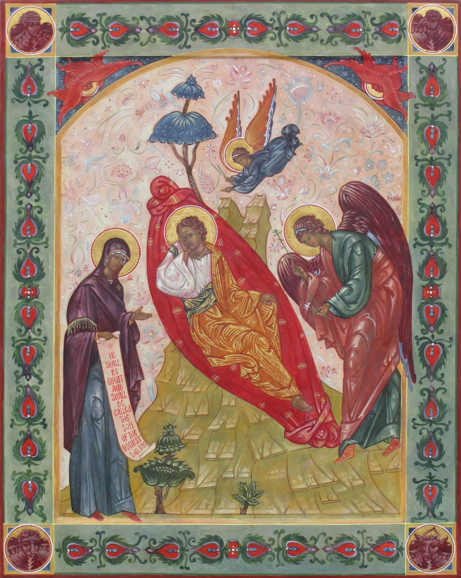 The Unsleeping Eye shows Mary and an angel watching over the sleeping Christ. His eyes are open, signaling His watchfulness over the world even in sleep. In the corners of the icon’s raised frame appear the symbols of the four authors of the Gospels. These symbols were common in medieval art, with each author assigned his own winged emblem: Matthew, a man, Mark, a lion, Luke, an ox, and John, an eagle. The icon of the Unsleeping Eye has a long history in Russia. 