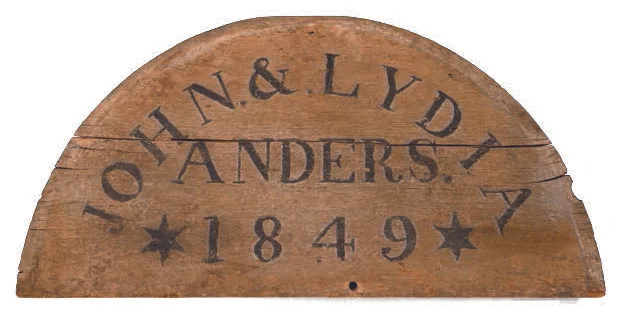 Figure 20: This semi-circular house blessing board was salvaged from the upper gable end of a stone farmhouse built for John and Lydia Anders in 1849, and originally located near Towamencin, in Lower Salford Township, Montgomery County. Courtesy of the Schwenkfelder Library and Heritage Center. Glencairn Museum staff photo.