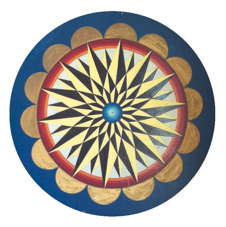 Figure 38: An original star by Milton Hill, painted ca. 1960 on commercial Masonite sign board. Although he did not sign his work on the front side, on the reverse of all of his stars on signboard, he stenciled his name and mailing address: “Made and Designed by Milton J. Hill Hamburg, R.D. 2. PA.” Courtesy of Eric Claypoole.