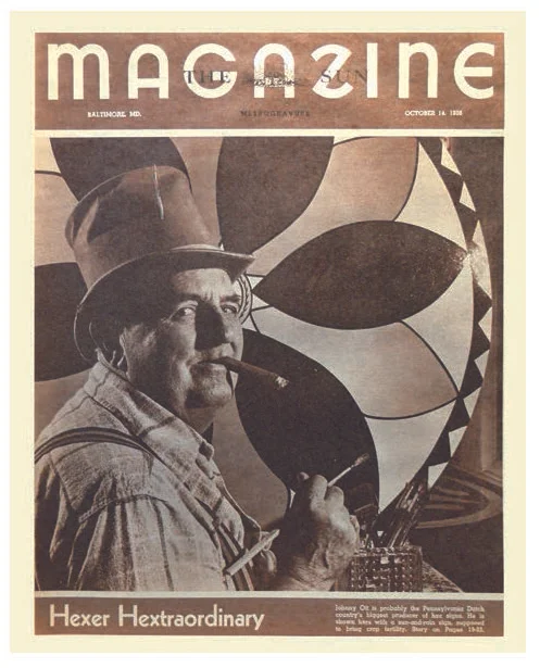 Figure 39: The Baltimore Sun Magazine of October 14, 1954, featuring Johnny Ott (1890-1964), self-proclaimed “Professor of Hexology” and owner of the Lenhartsville Hotel. The article, entitled “Hexer Hextraordinary” suggested that Ott’s signs were imbued with magical powers, along with the caption “Johnny Ott is probably the Pennsylvania Dutch country’s biggest producer of hex signs. He is shown here with a sun-and-rain sign, supposed to bring crop fertility.” This staged shot depicts Ott working in his studio in his classic tophat, which he later abandoned in the 1960s to don a flat black hat like that of the Amish of Lancaster County.