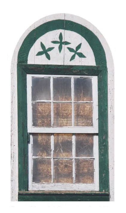 Figure 47: The use of three painted crosses above the windows and doorways of barns finds its origins in house and barn blessing traditions of Europe, where the three crosses refer to the Three Kings, or Magi, who followed a star to the biblical nativity. Eric Claypoole carries on this tradition today, painting three crosses above windows and doorways, like this example. Maxatawny Township, Berks County. Courtesy of Patrick J. Donmoyer.