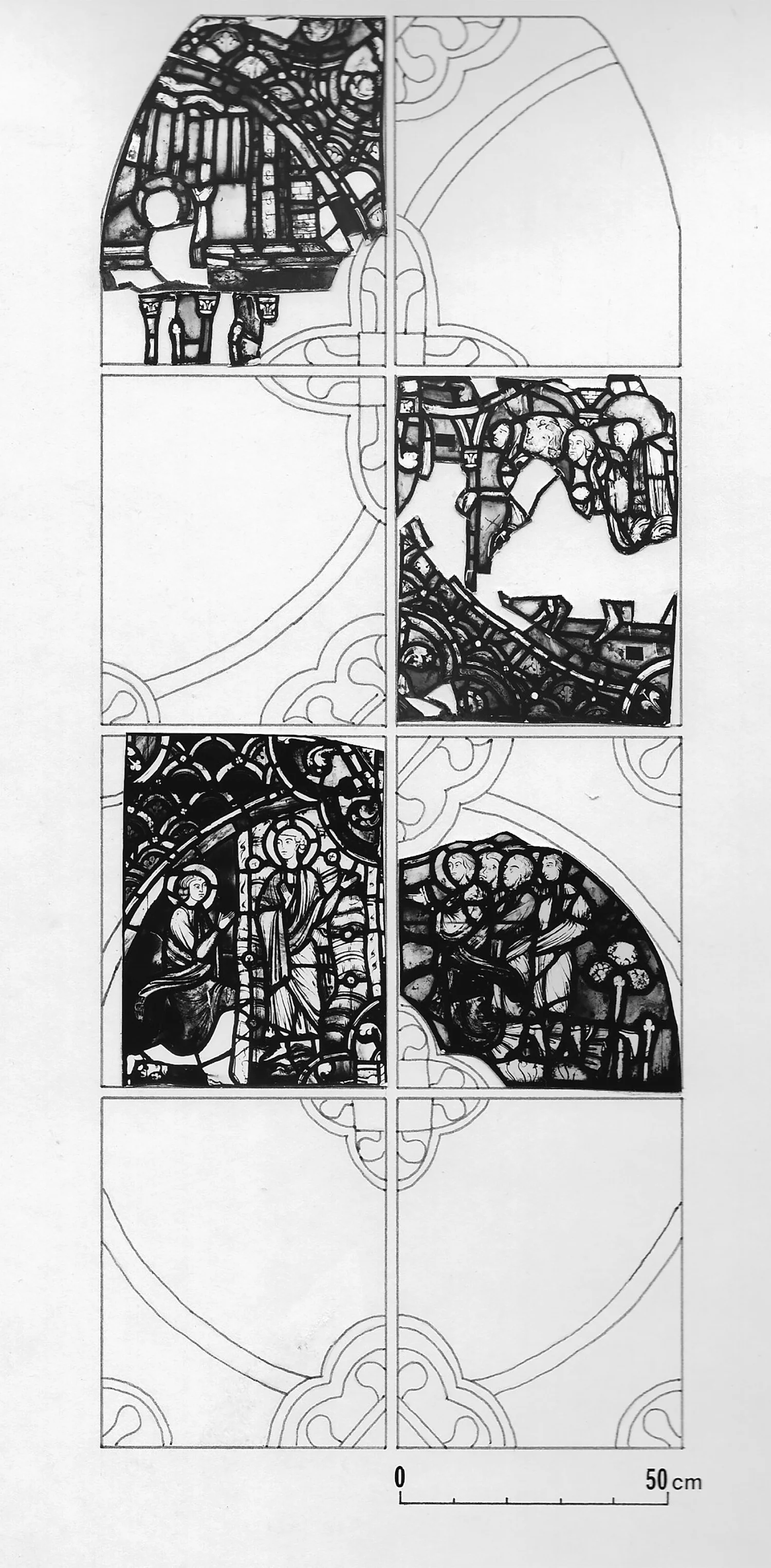 Figure 11: Reconstruction of the upper four registers of the John Evangelist window of Rouen Cathedral, including the figural core of the panel in Figure 9.
