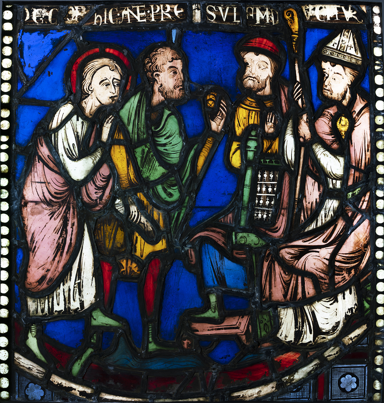 Figure 8: Malchus is led before the bishop and prefect (“ hic ante presulum ducitur ”), from the Seven Sleepers of Ephesus window of the nave aisle of Rouen Cathedral, c. 1200-1203, now in Glencairn Museum (03.SG.51).
