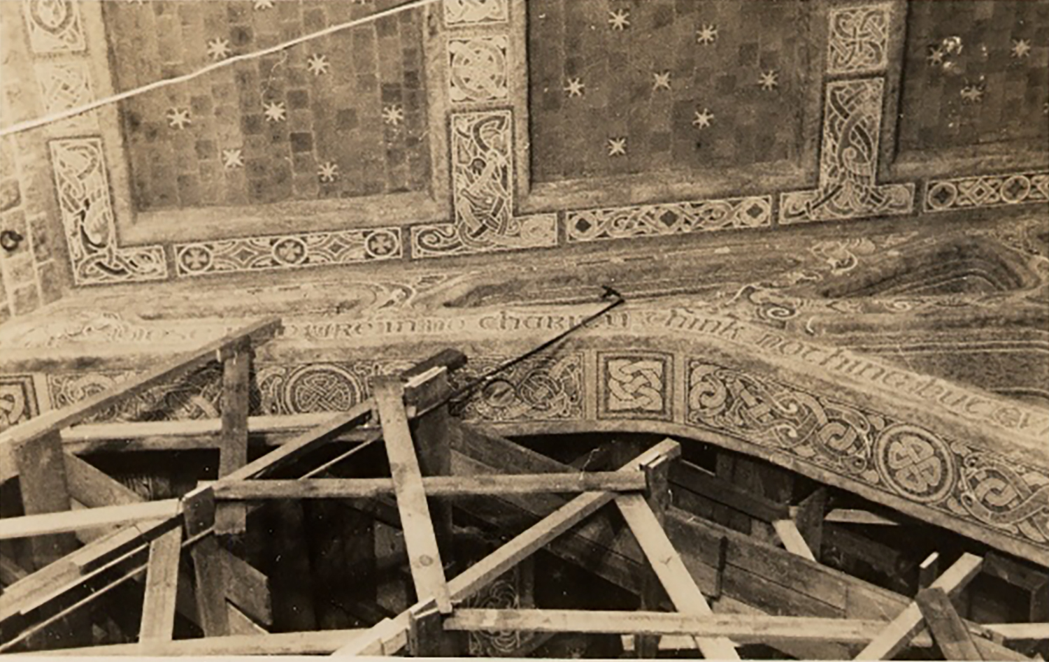 Figure 1: The ceiling of Glencairn’s Great Hall with scaffolding in the 1930s.
