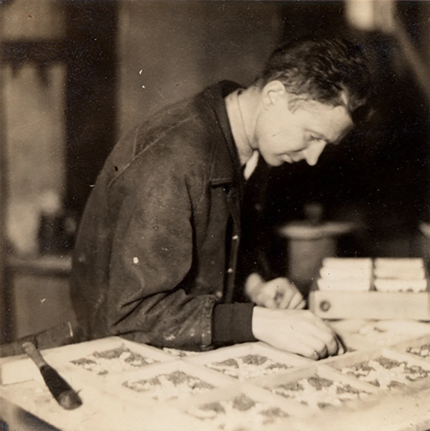 Figure 6: Samuel Croft II assembling mosaic stars for the ceiling of the Great Hall.
