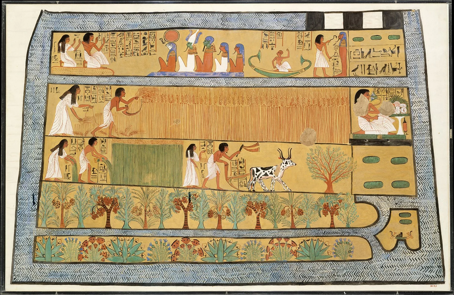 Figure 28: Painted facsimile of the decoration on the east wall of the tomb of Sennedjem. In this scene, Sennedjem and his wife carry out agricultural tasks in the afterlife. Sennedjem lived during Egypt’s 19th Dynasty (ca. 1295-1213 BCE). Image courtesy of the Metropolitan Museum of Art, NYC. Painting by Charles K. Wilkinson, accession number 30.4.2.