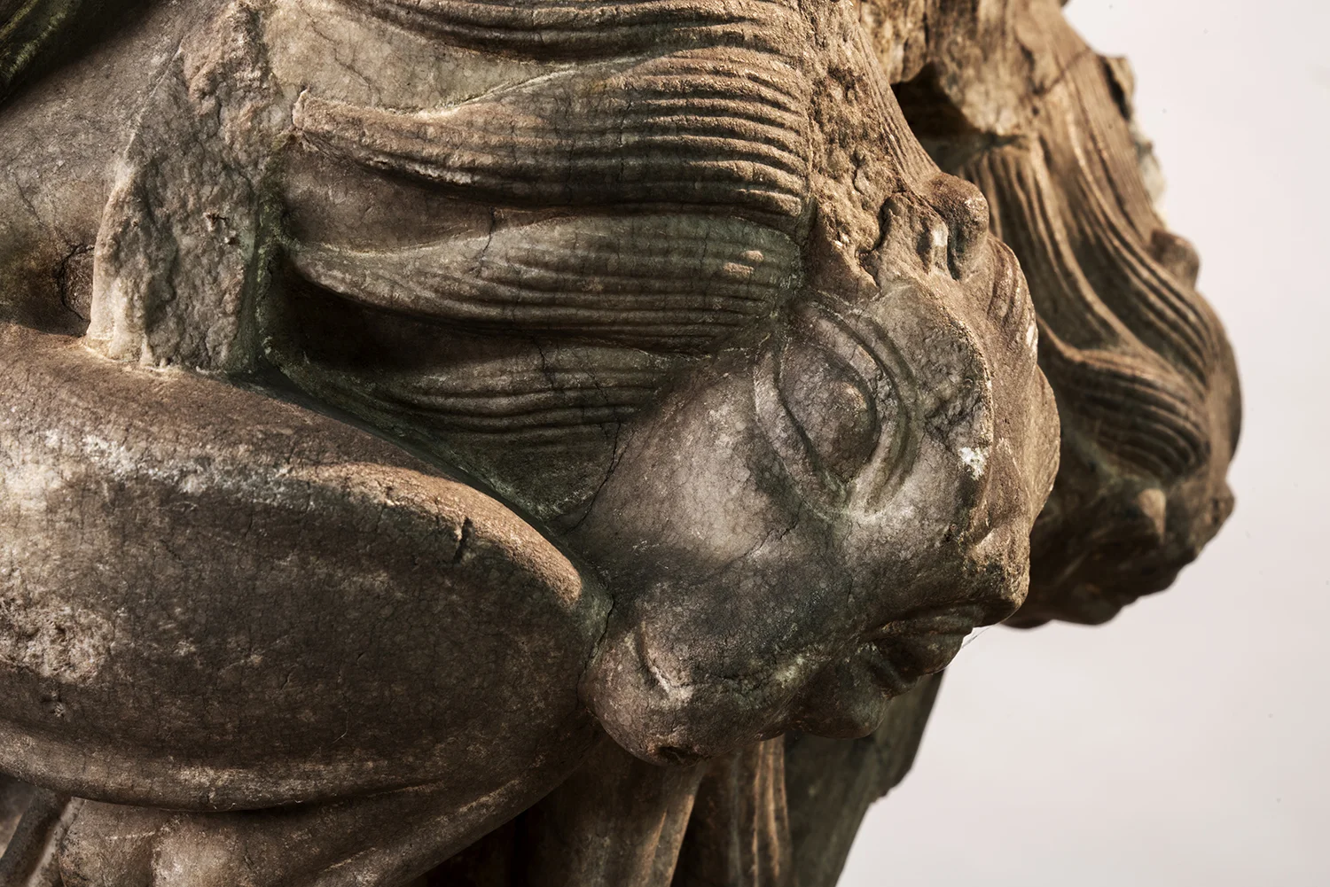 Detail from one of the twelfth-century lion capitals on loan from Glencairn Museum to the J. Paul Getty Museum in Los Angeles, CA (09.SP.07).