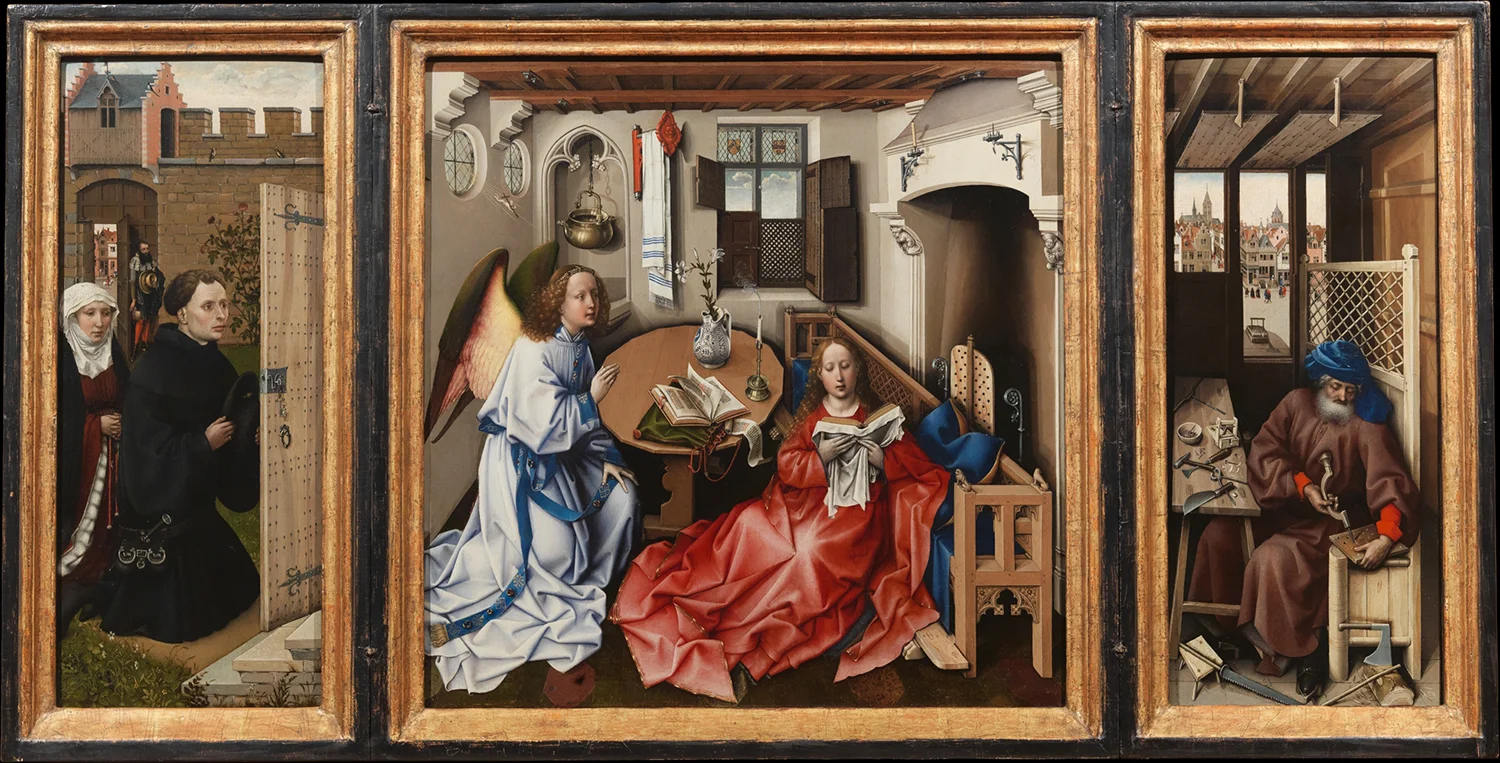 Figure 2: Annunciation Triptych (Mérode Altarpiece), ca. 1427–32. Workshop of Robert Campin. Made in Tournai, South Netherlands. The Cloisters Collection, 1956 (56.70a–c). (CC0 1.0)