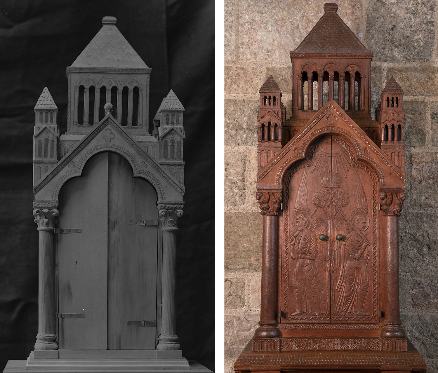 Figures 3-4: The top portion of Frank Jeck’s completed cherrywood Bible cabinet and an early model of it.