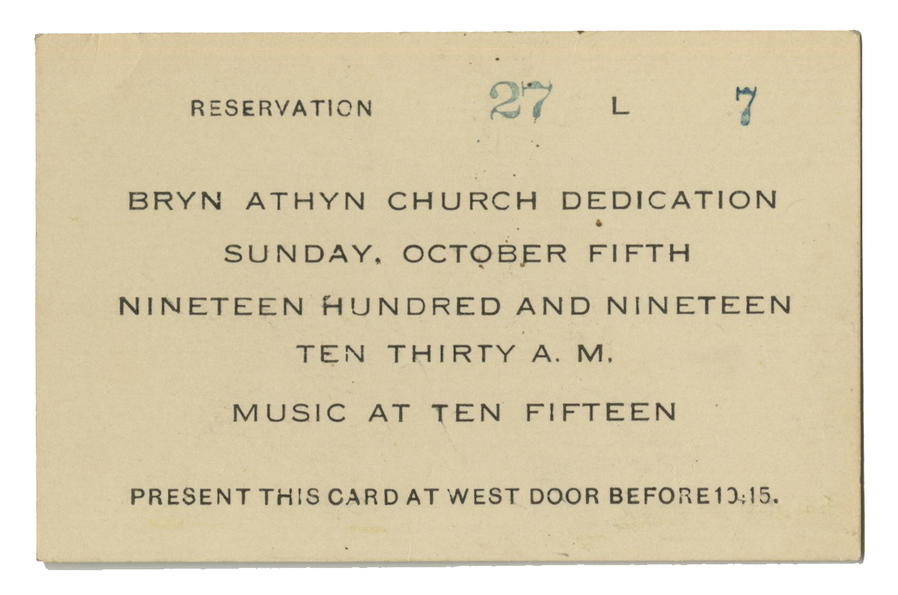 Figure 1: Bryn Athyn Cathedral dedication service reservation cards were distributed before the event. Entrance was through the west door.