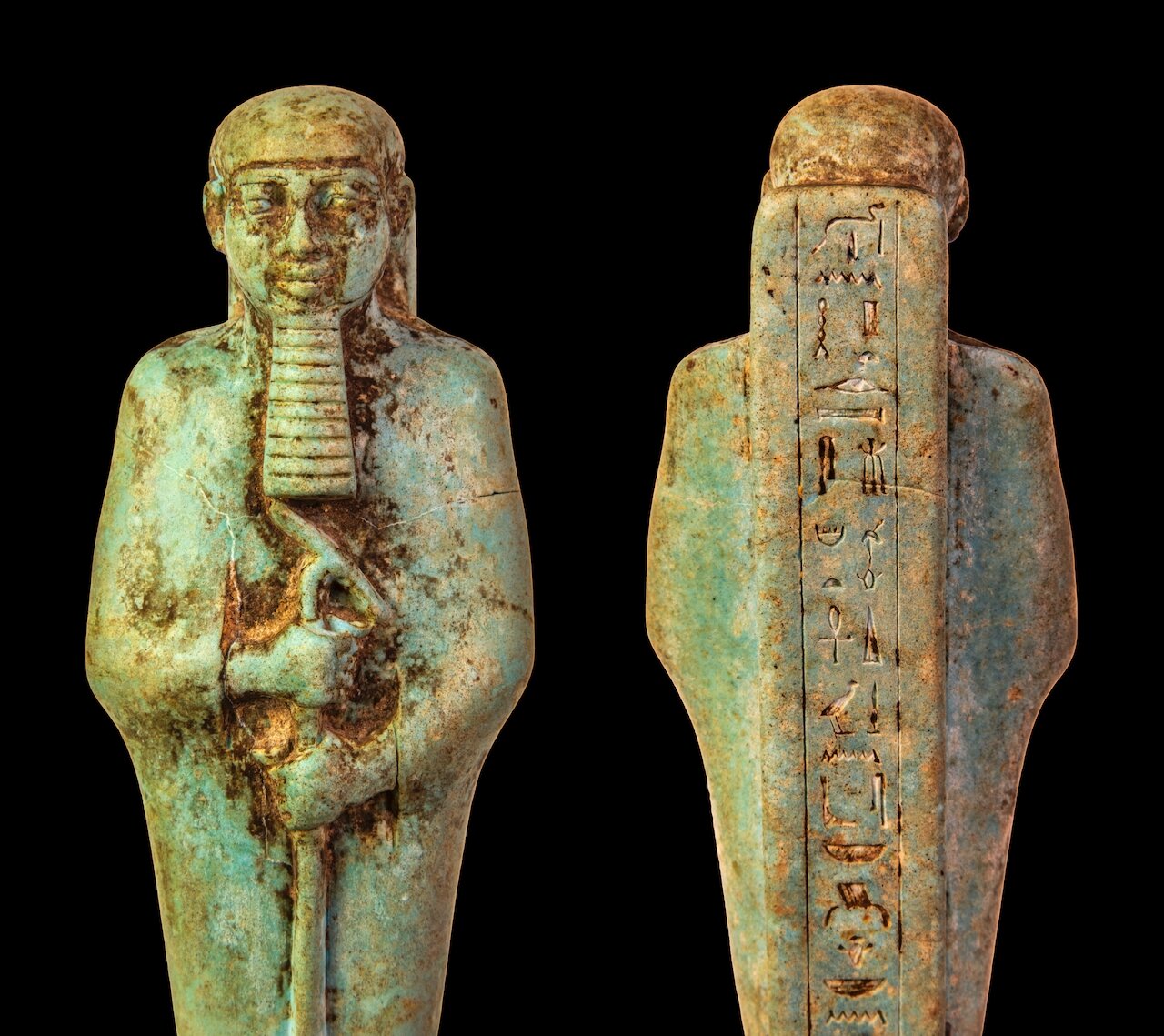 Front view of brown-spotted faience statuette on the left, reverse view on the right.