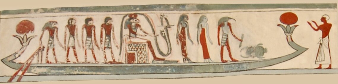 A boat viewed from the side, with eight people (one of whom is sitting) and a scarab beetle inside it. The boat sails toward one standing person who is gesturing a greeting.