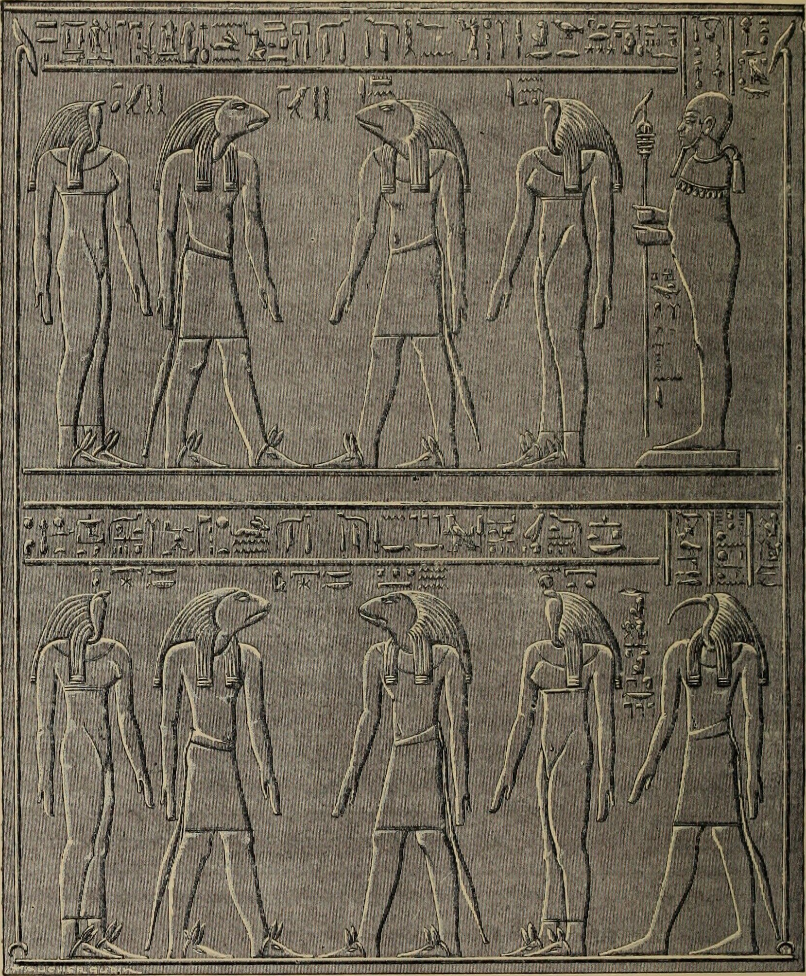 Arranged in two horizontal rows, each row shows two male and two female masked figures standing as couples and facing each other. An additional figure stands on the far right of each row, facing the couples.