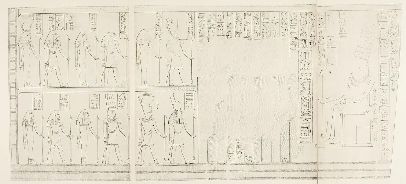 Twelve male and female figures stand in two horizontal lines on the left, separated from a seated Amun Re on the right by an open space partially filled with columns of hieroglyphs.