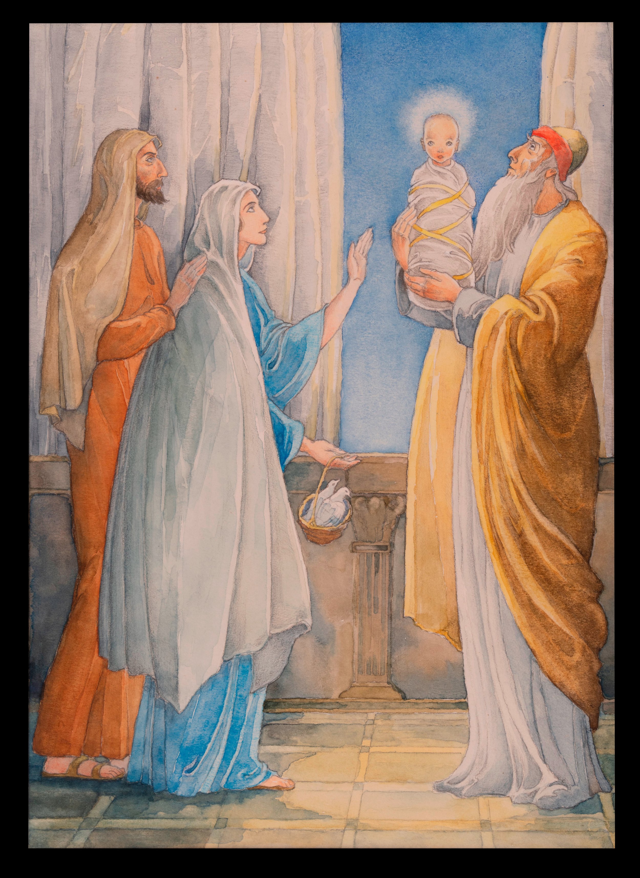  Pastel-toned watercolor painting of the Presentation in the Temple, by Maud Petersham. Joseph and Mary stand on the left, while on the right Baby Jesus is help up by Simeon. 