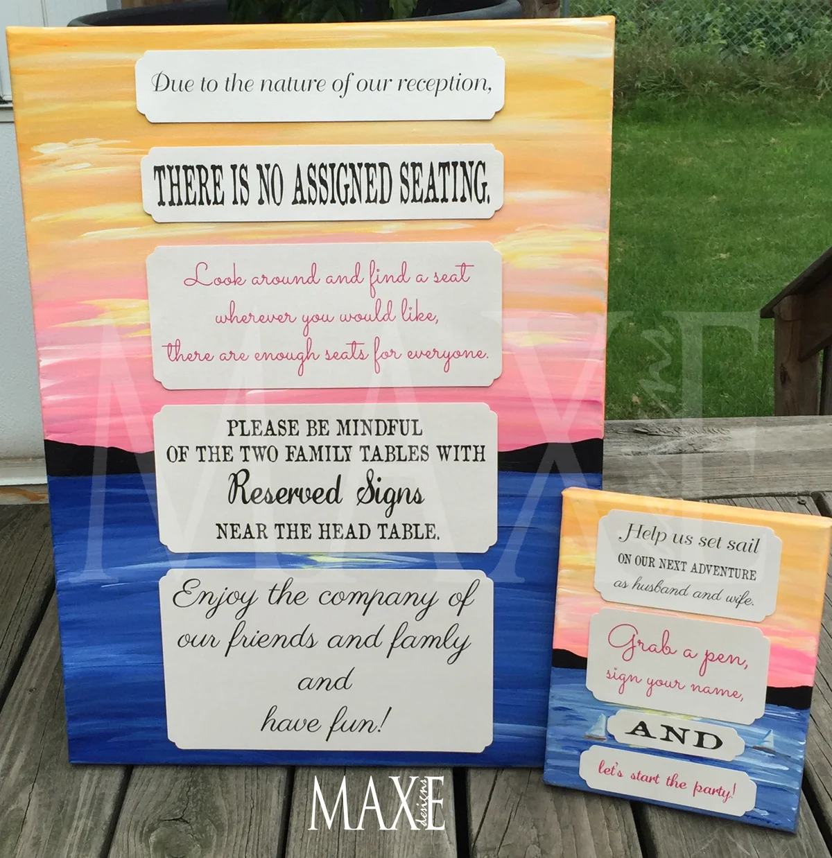 Mark & Michelle has custom artwork signs made for their wedding that now hang in their new home together.