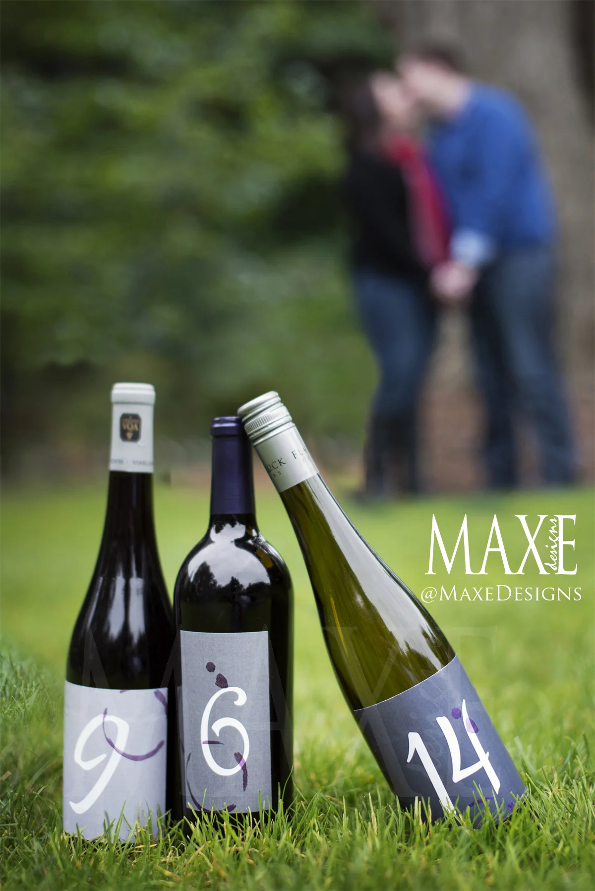 Custom wine labels were created for Samantha & Nick's engagement photos for use on their One-of-a-Kind Save the Dates!