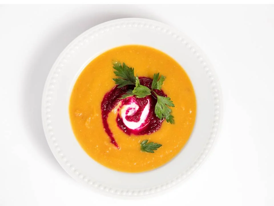 SMOKED PAPRIKA PUMPKIN SOUP WITH ROASTED BEET DRIZZLE