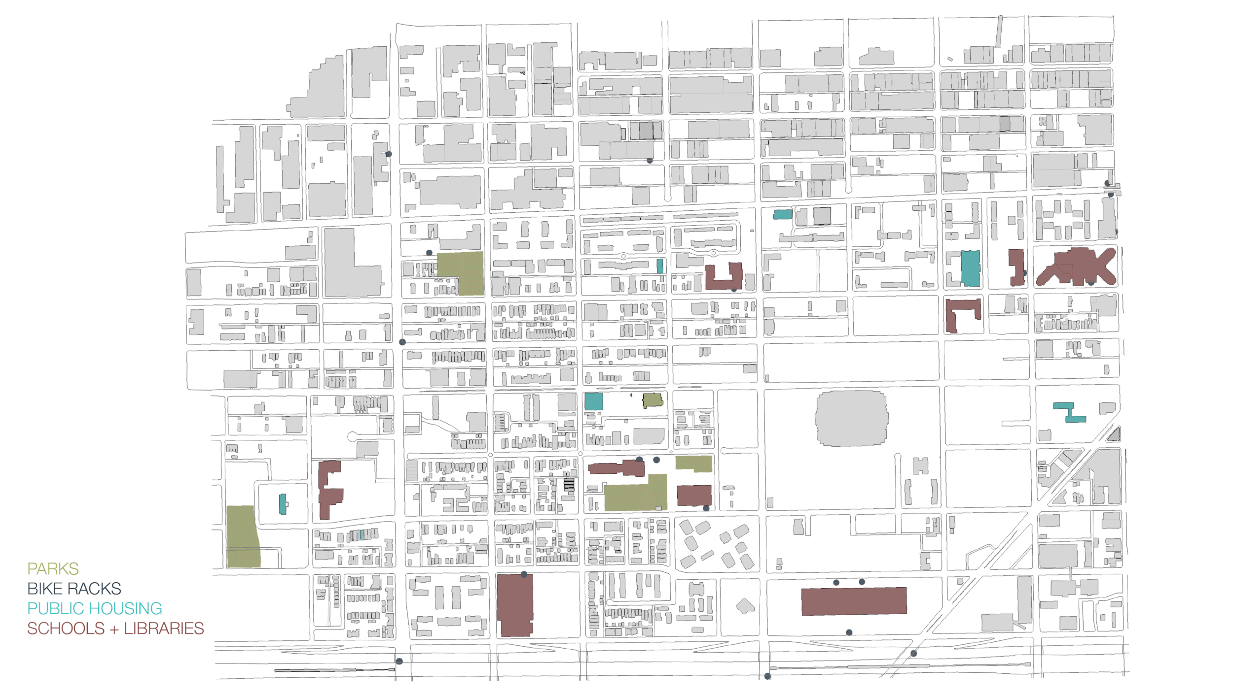Exploration: Geometries Assimilated with Access to Amenities After identifying the items of interest, we established a set of parameters around access that yielded underlying geometries in the proximate relationships of public housing to that of the parks (Diagram 1), the schools and libraries (Diagram 2) and the bike racks (Diagram 3). We then considered possible interventions that could encourage the activation of the neighborhood. What does this region need? What is it lacking? Are there gaps in the convenience of access? Do the underlying geometries suggest that additional housing complexes be added? Do the geometries suggest that additional services be implemented?