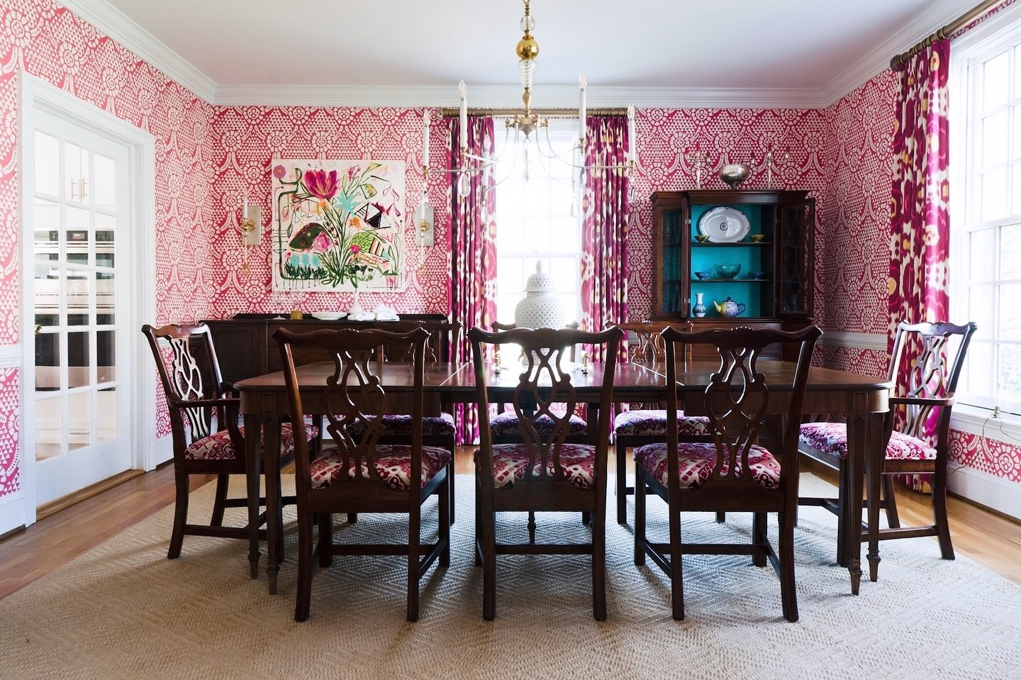 Stunning selections for new wallpaper, rug, window treatments, custom art, and chandelier and sconces&nbsp;made this homeowner&rsquo;s existing heirloom furniture shimmer in the newly designed dining room.&nbsp;#thibaut
.
.
.
#courtneyludemaninterior