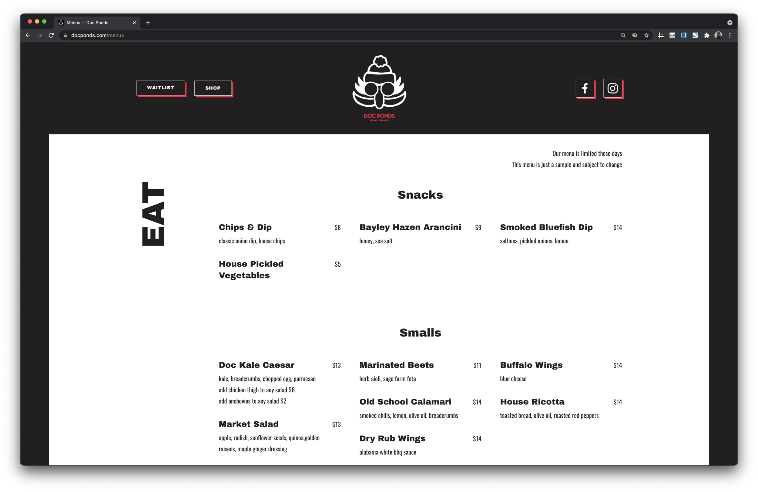 At the heart and soul of Doc Ponds is food, drink, and music. The menu page showcases their vast taste and selection of all three.