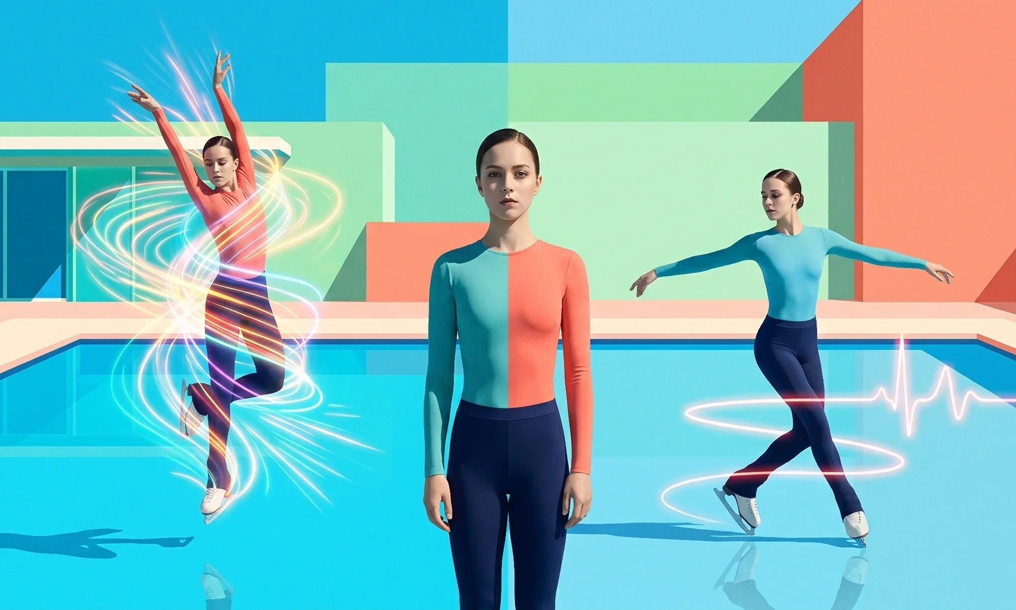 Illustration of a figure skater split into teal and coral halves, showing an explosive jump with motion trails on one side and a steady glide with a heart-rate line on the other, representing anaerobic and aerobic training