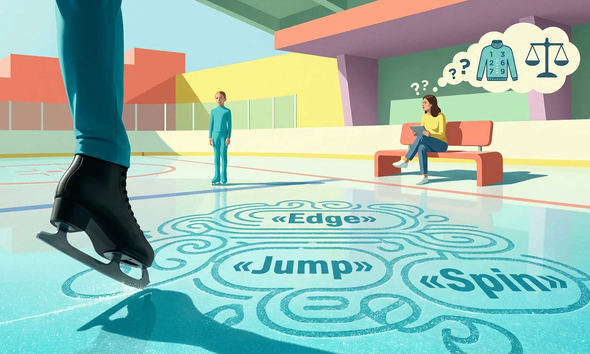 Illustration of a confused parent sitting rinkside with question marks overhead, while a skater's blade traces ice patterns labeled "Edge," "Jump," and "Spin"