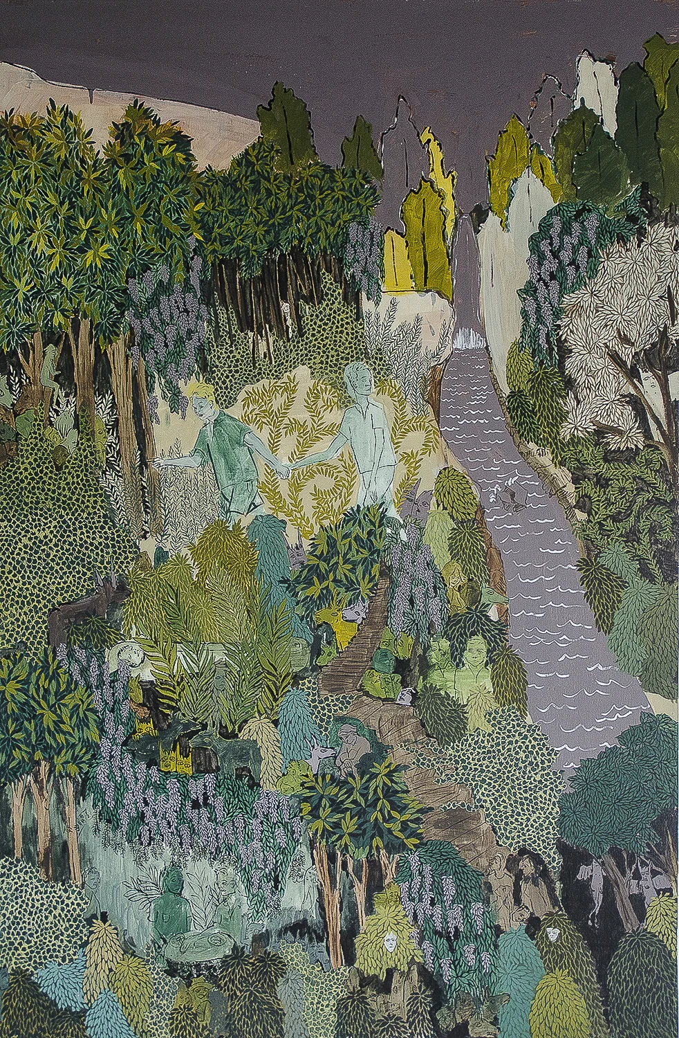 Wisteria Brings The Spring . Polymer paint on panel. 60"H x 39"W.