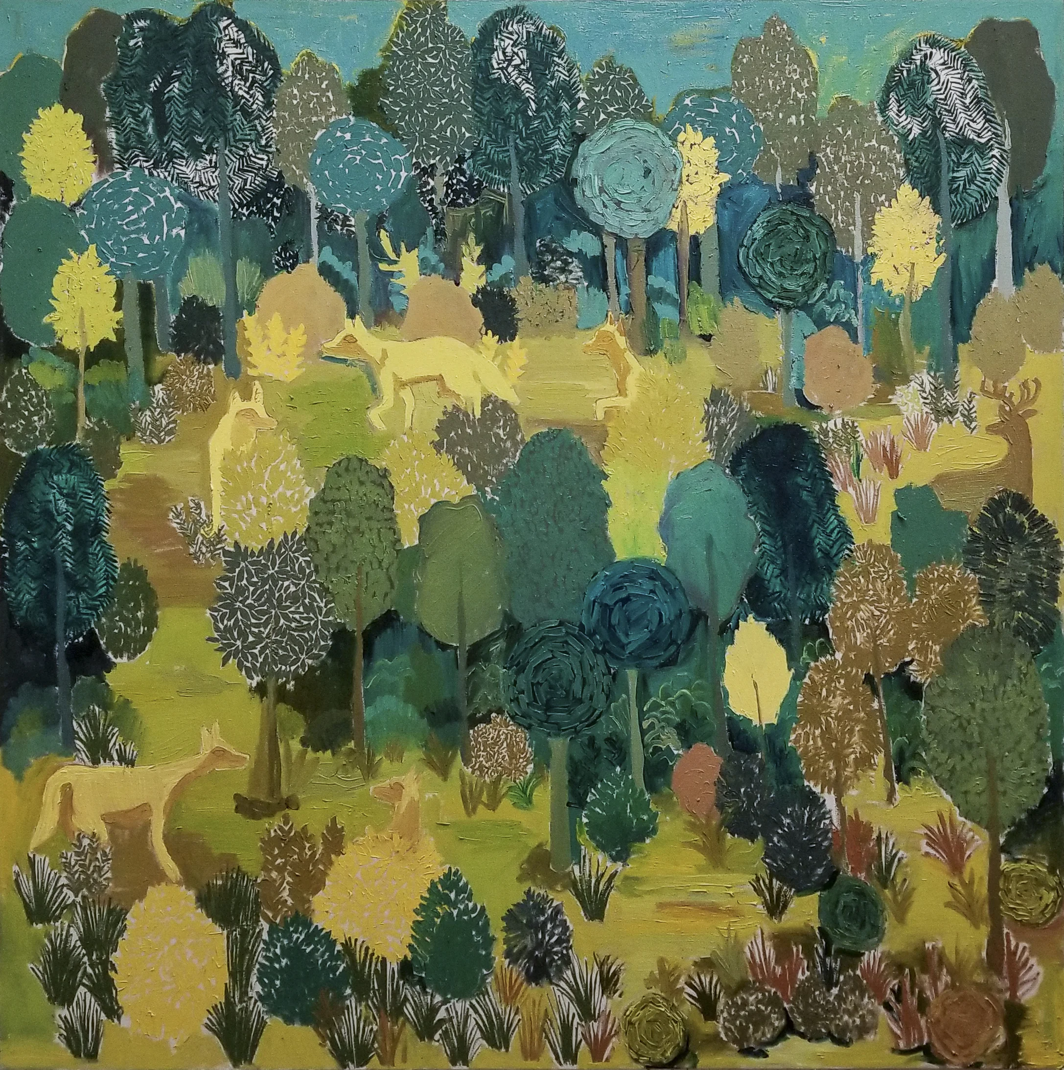 Coyotes on the River Path . 42"H x 42"W. Oil on canvas.