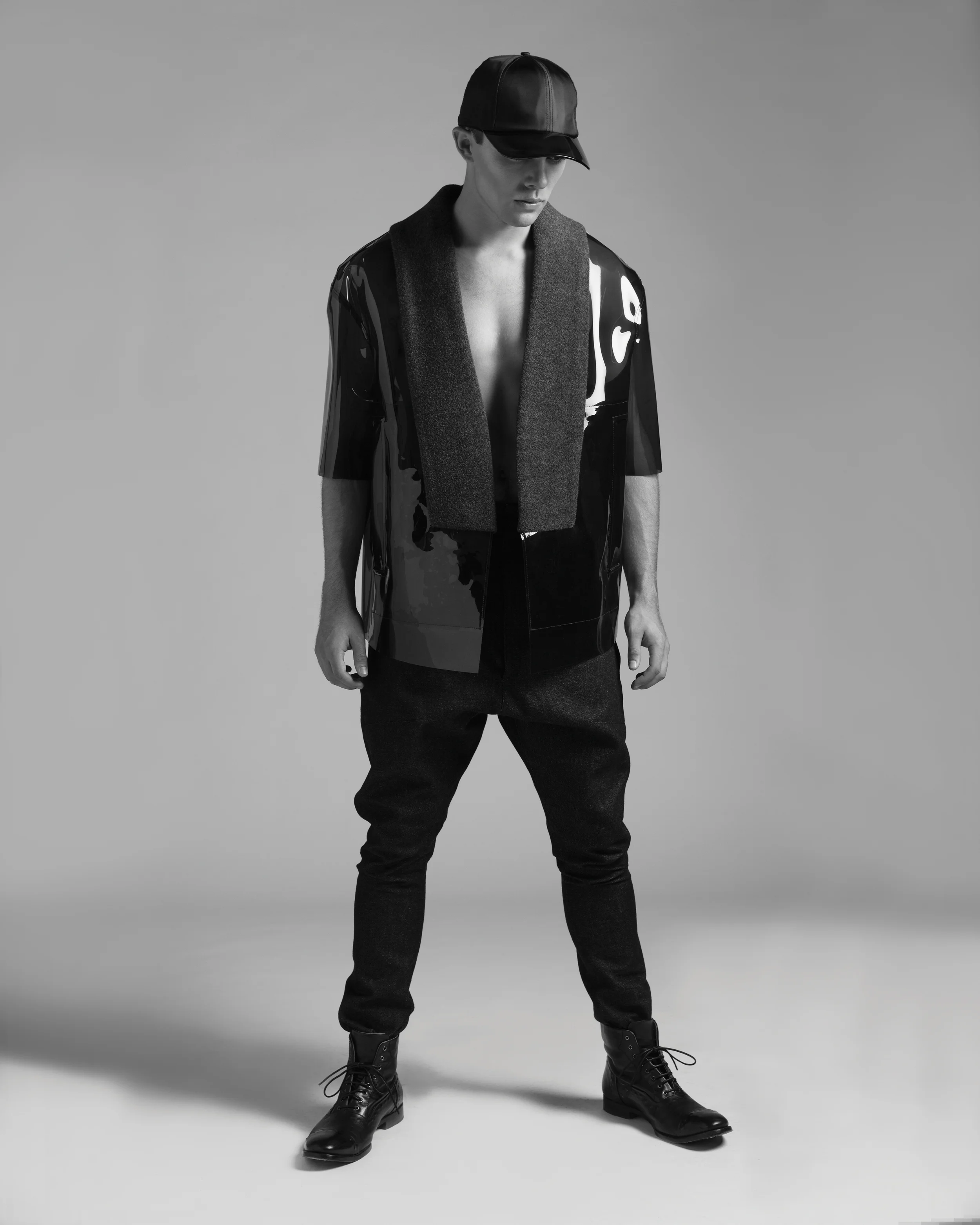 Jacket by Ran Bi, BFA Fashion Design. Pants by Frank Tsai, MFA Fashion Design and Andrea Nieto, BFA Textile Design. Boots by Alexander McQueen. 