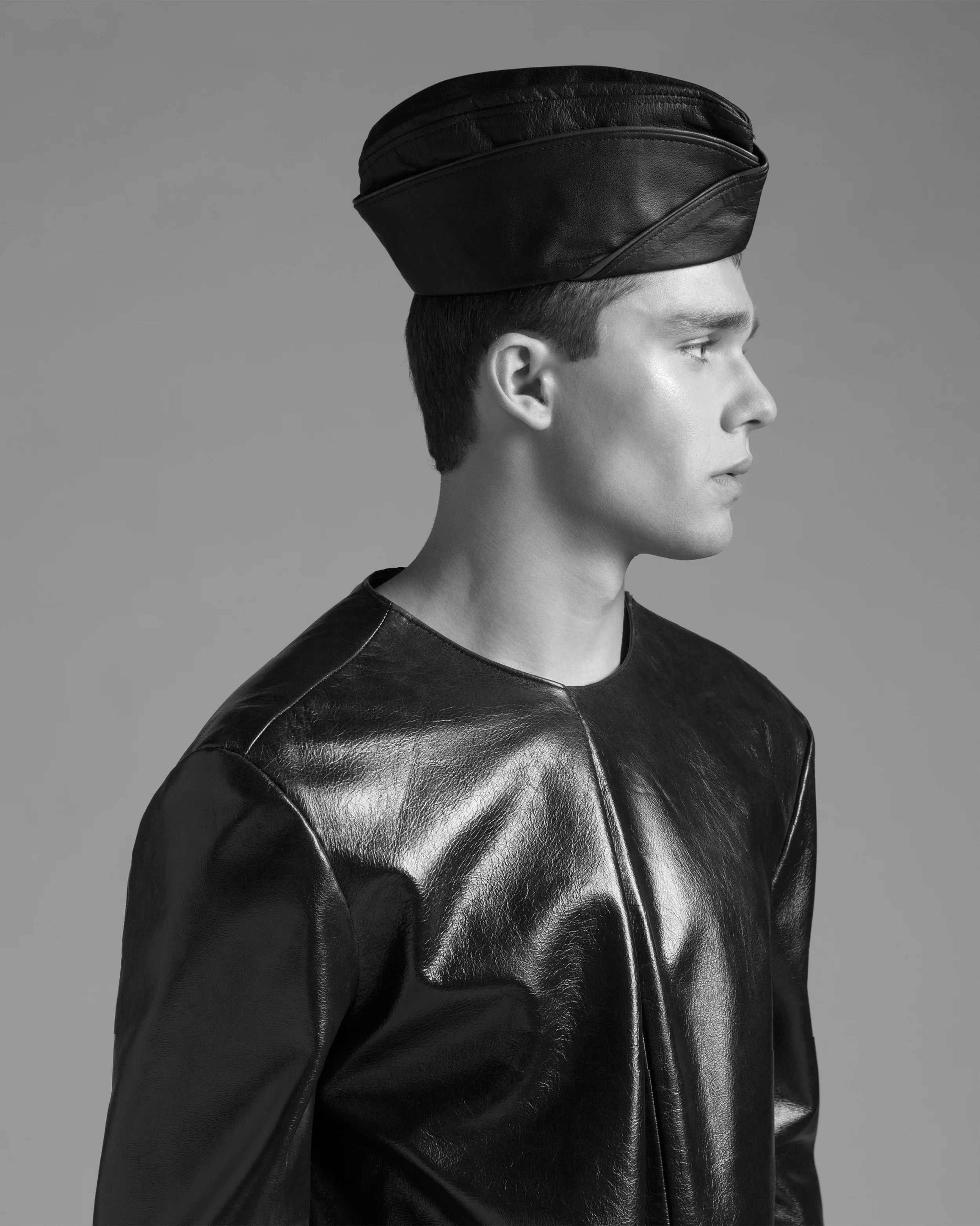 Leather sweatshirt by Antonio Luna, BFA Fashion Design. Hat, stylist's own. 