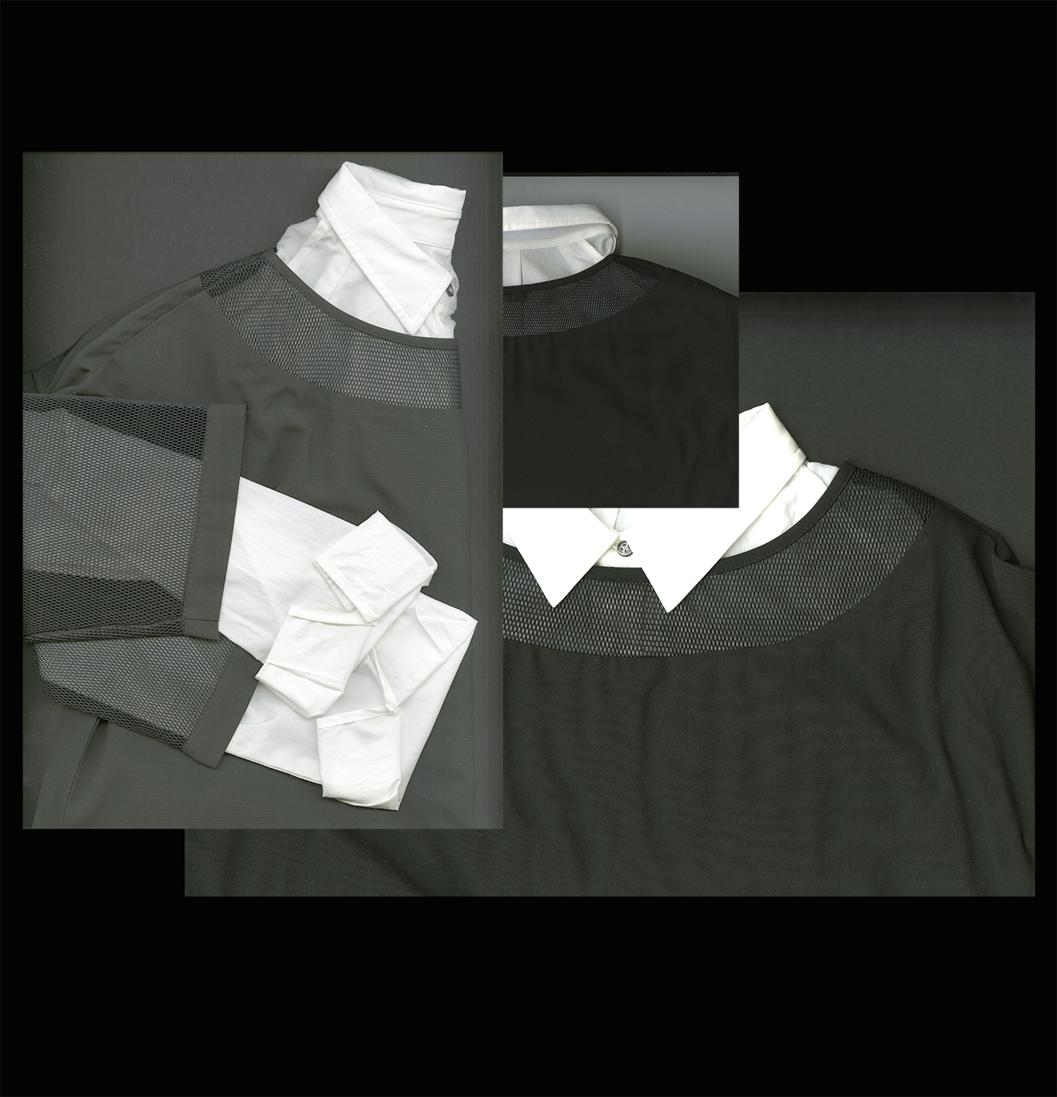 Mute by JL Black mesh tunic and white collared shirt by Joanne Lu, MFA Fashion Merchandising. 