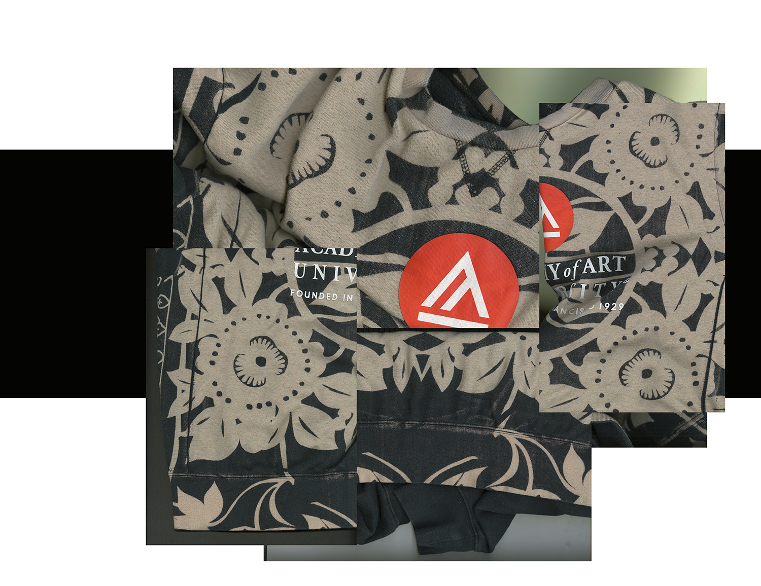 Textile design by Narisi, BFA Fashion Design, printed on a University sweatshirt.