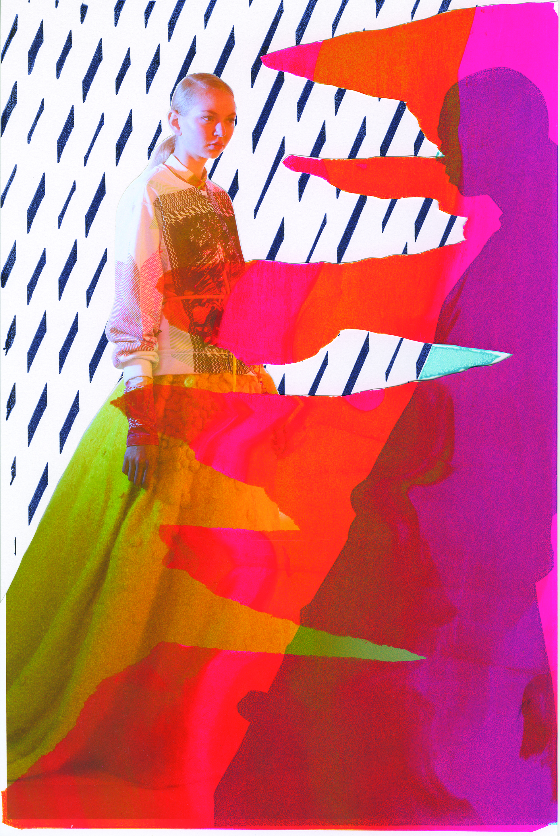 Dress and Shirt by Jaci Hodges, MFA Fashion Design, and Nisha Hanna Btesh, MFA Textile Design. Printed Sweatshirt by Ben Copperwheat. Belt, stylist's own. 