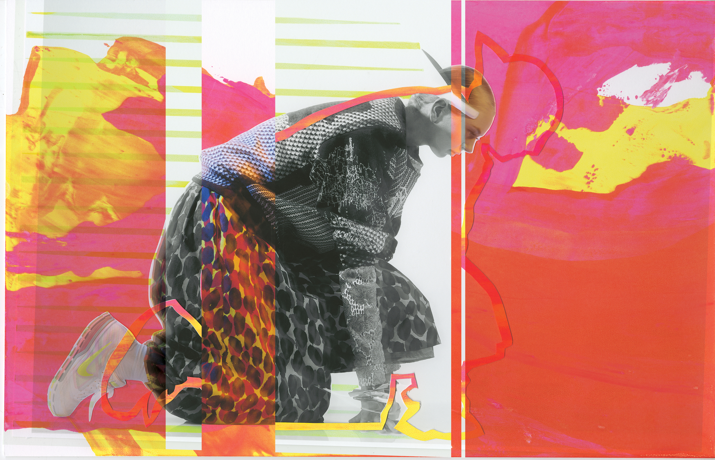 Printed Sweatshirt and Leggings by Ben Copperwheat. Culottes and Shirt by Jaci Hodges, MFA Fashion Design, and Nisha Hanna Btesh, MFA Textile Design. Sneakers and Visor by Nike. Bracelets, stylist's own. 