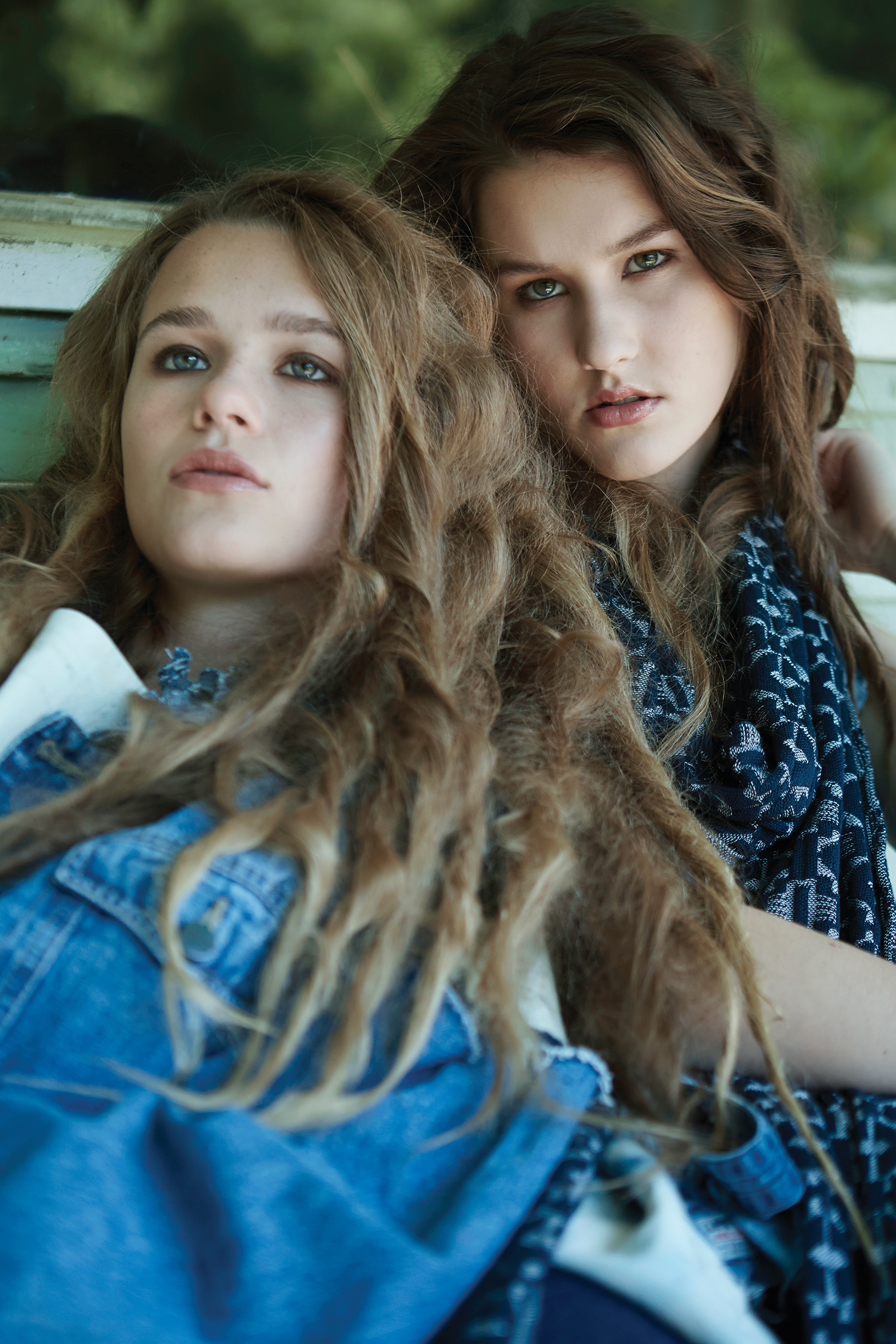 On Sofia: Top by Xiaowei Liu, MFA Fashion Design. Denim Jacket, stylist's own. On Carly: Scarf by Stephanie Gelot, MFA Knitwear Design. Shirt and Jeans, stylist's own. 