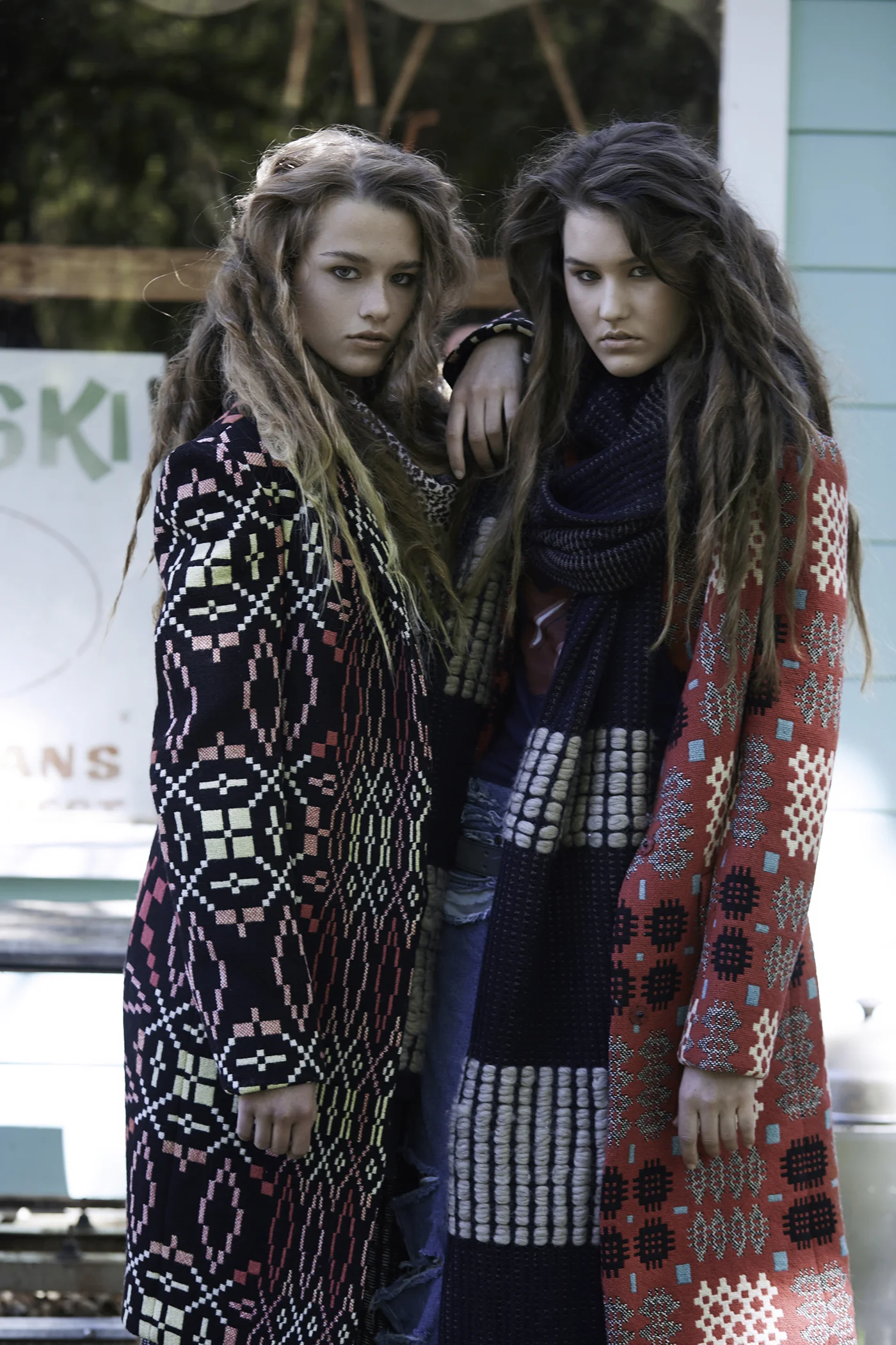 On Sofia: Coat by Jeanine Villa, MFA Fashion Design. Scarf by Stephanie Gelot, MFA Knitwear Design. On Carly: Coat by Jeanine Villa, MFA Fashion Design. 