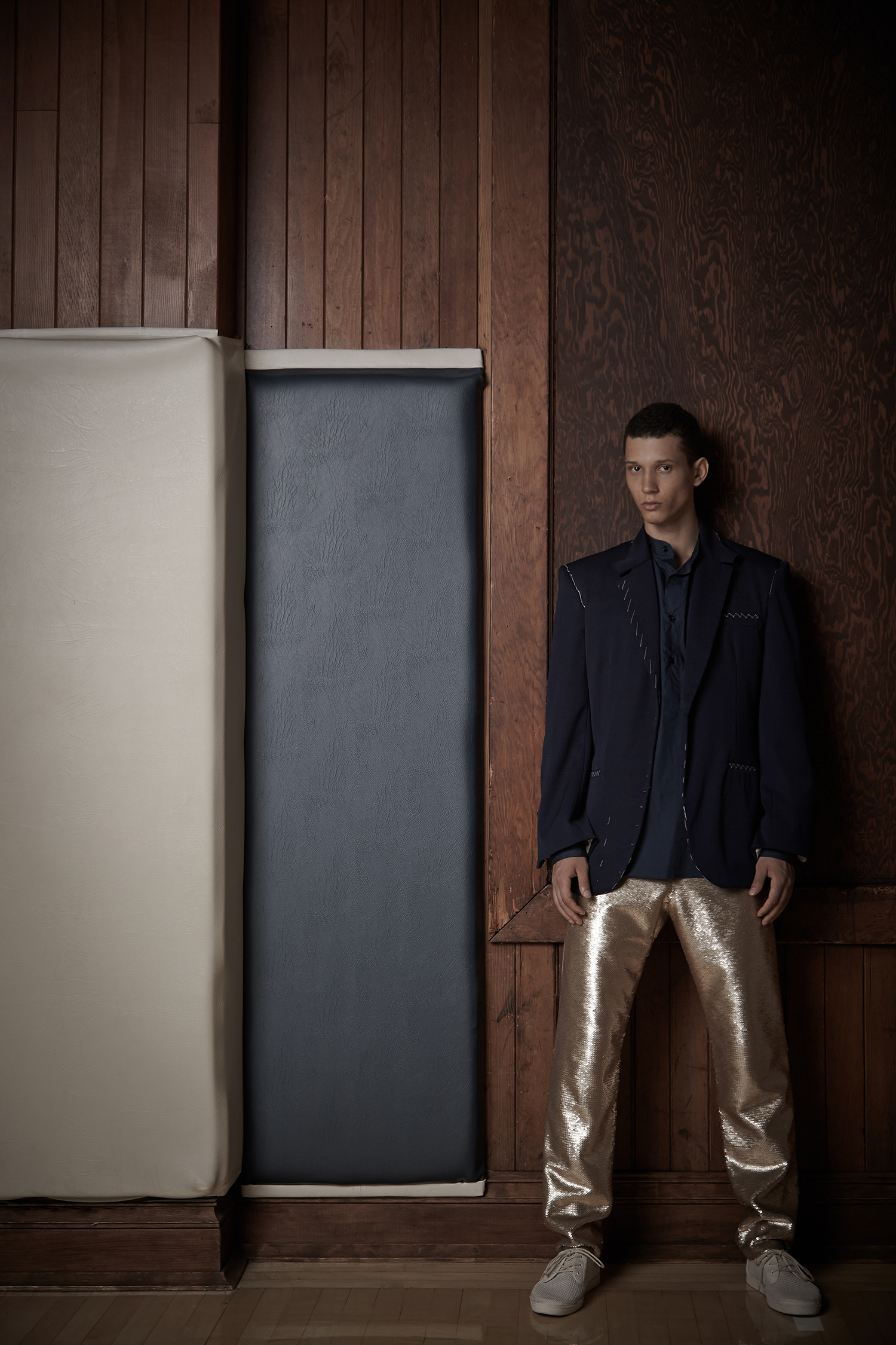 Tailored Jacket sample by Cris Applegate. Shirt by Antonio Lunas, Alumnus, 2012 BFA Menswear Design. Sequin Pant by Jeremy Vu, BFA Menswear Design. 