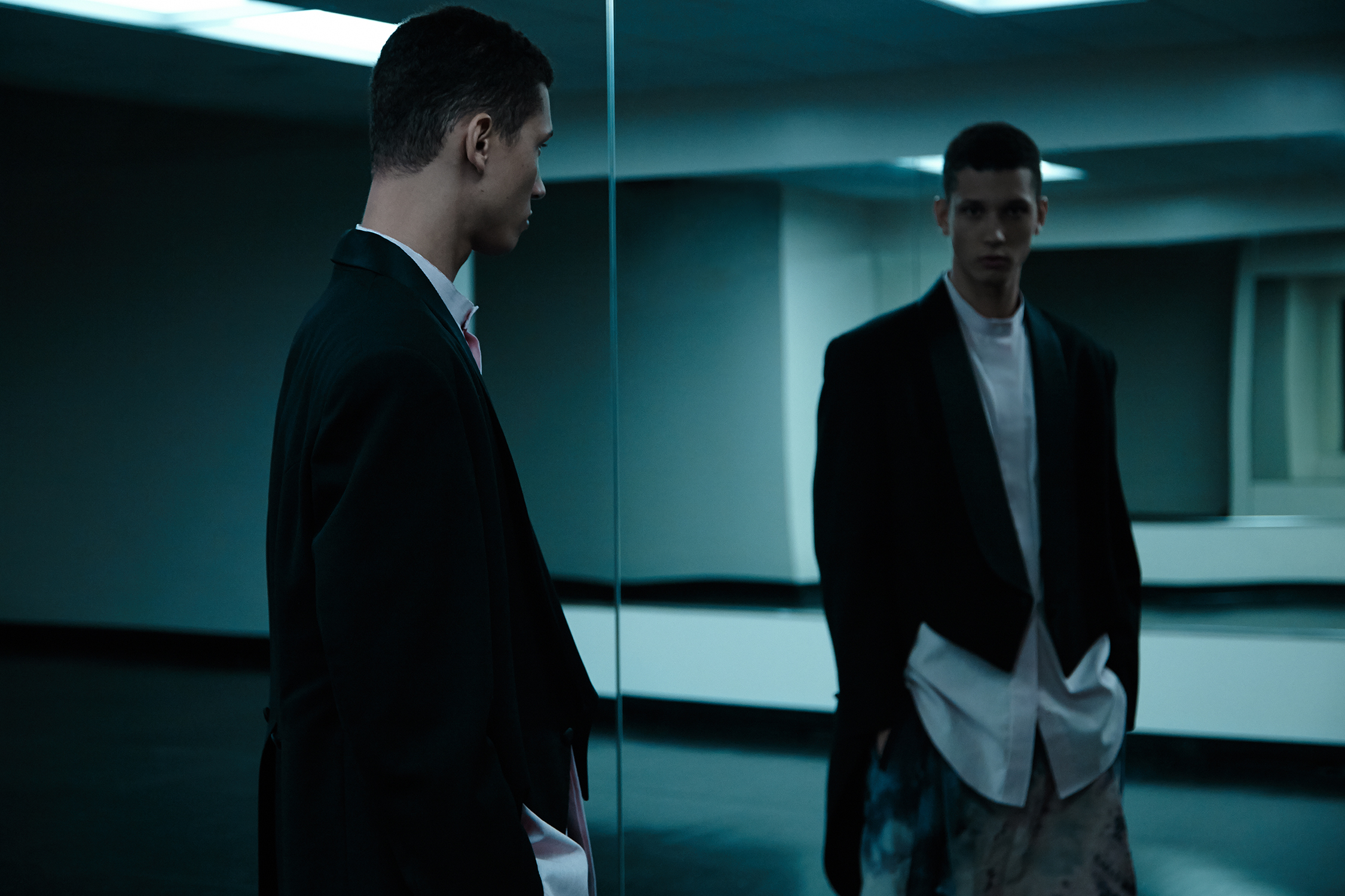 Tailcoat by James Nguyen, MFA Menswear Design. Shirt by Dominic Tan, BFA Menswear Design. Pants by When Simon Met Ralph. 