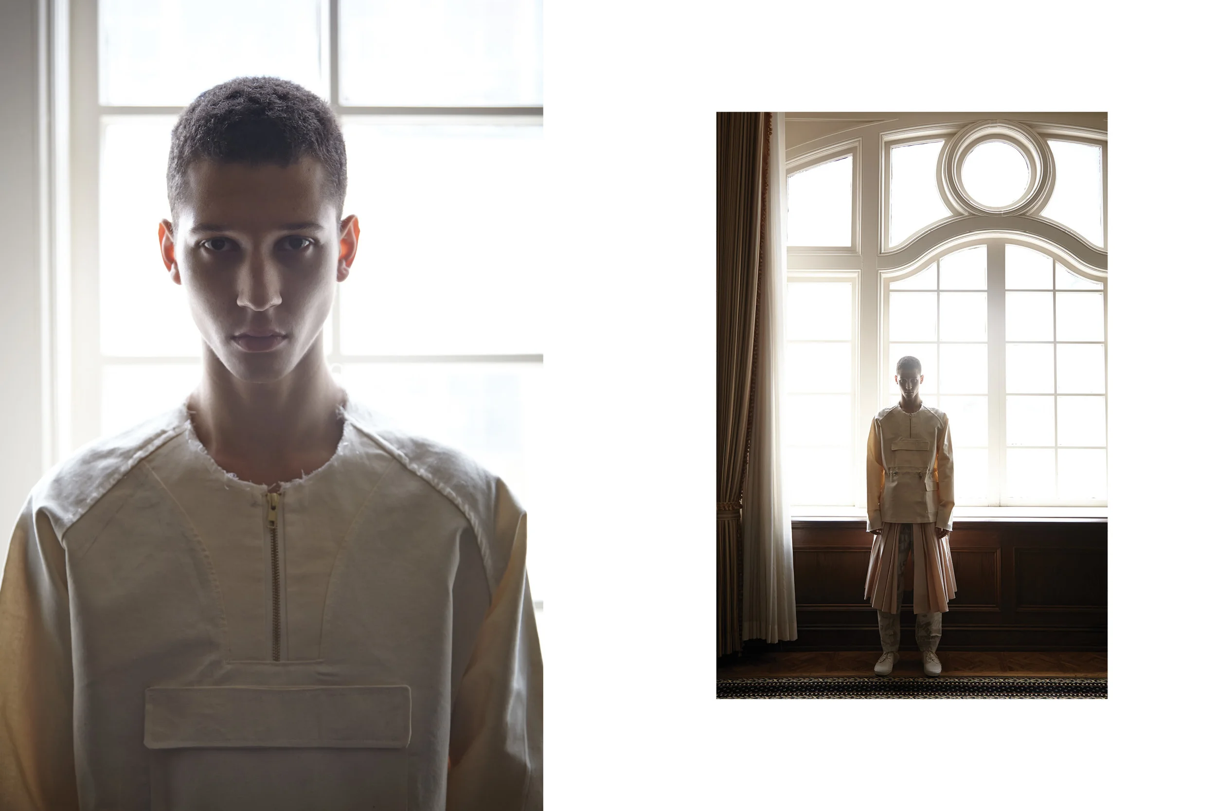 Prototype Windbreaker by Leslie Dilloway, BFA Menswear Design. Kilt by Ruone Yan, BFA Menswear Design. Pants by Zhi Li, MFA Fashion Design. 