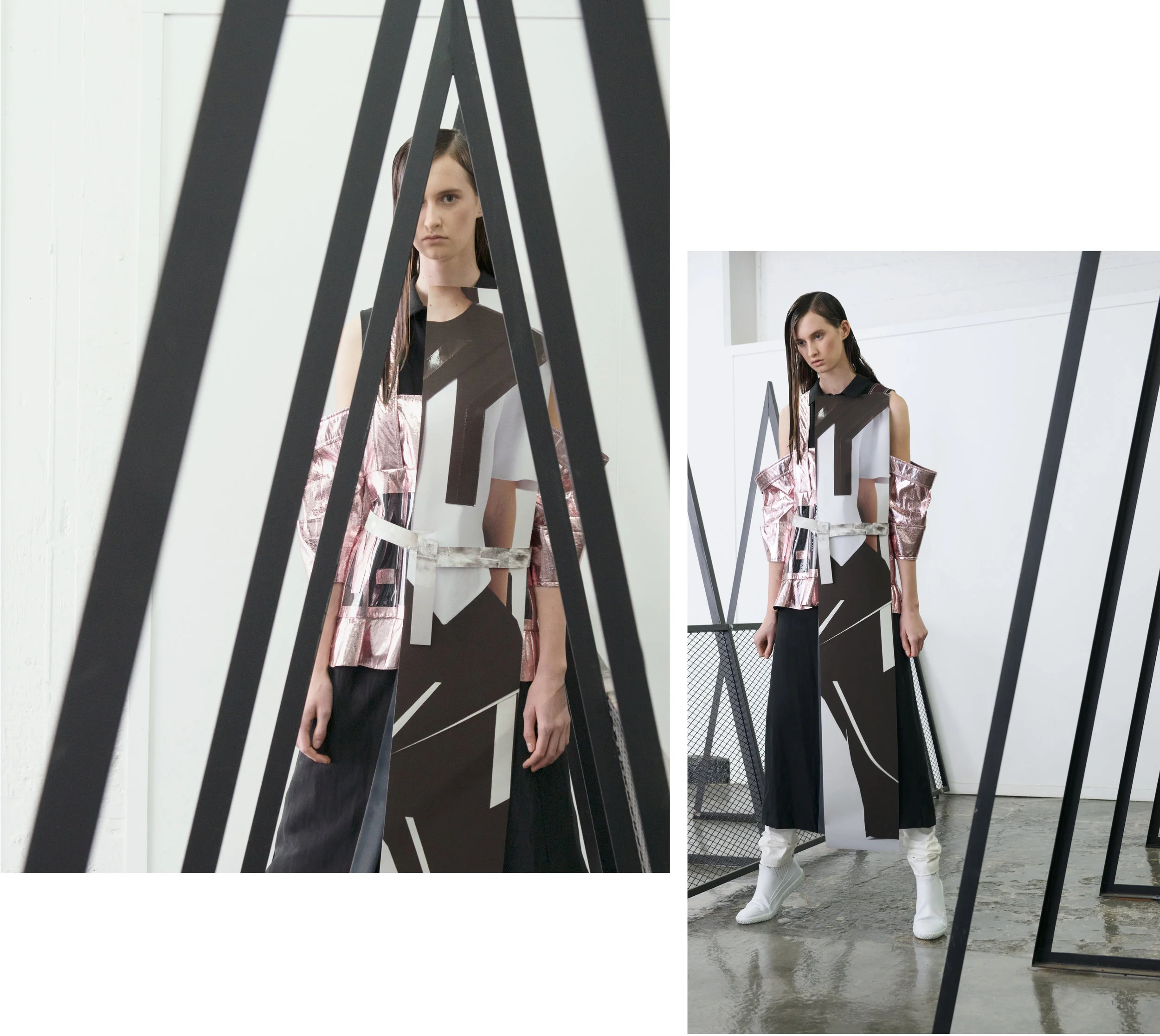 Black and white top and pants by Ryan Yu, MFA Fashion Design (on poster). Metallic top by Hailun Zhou, MFA Fashion Design. Long dress by Erika Tompkins, BFA Fashion Design. White pants by Dina Marie Lam, MFA Fashion Design.