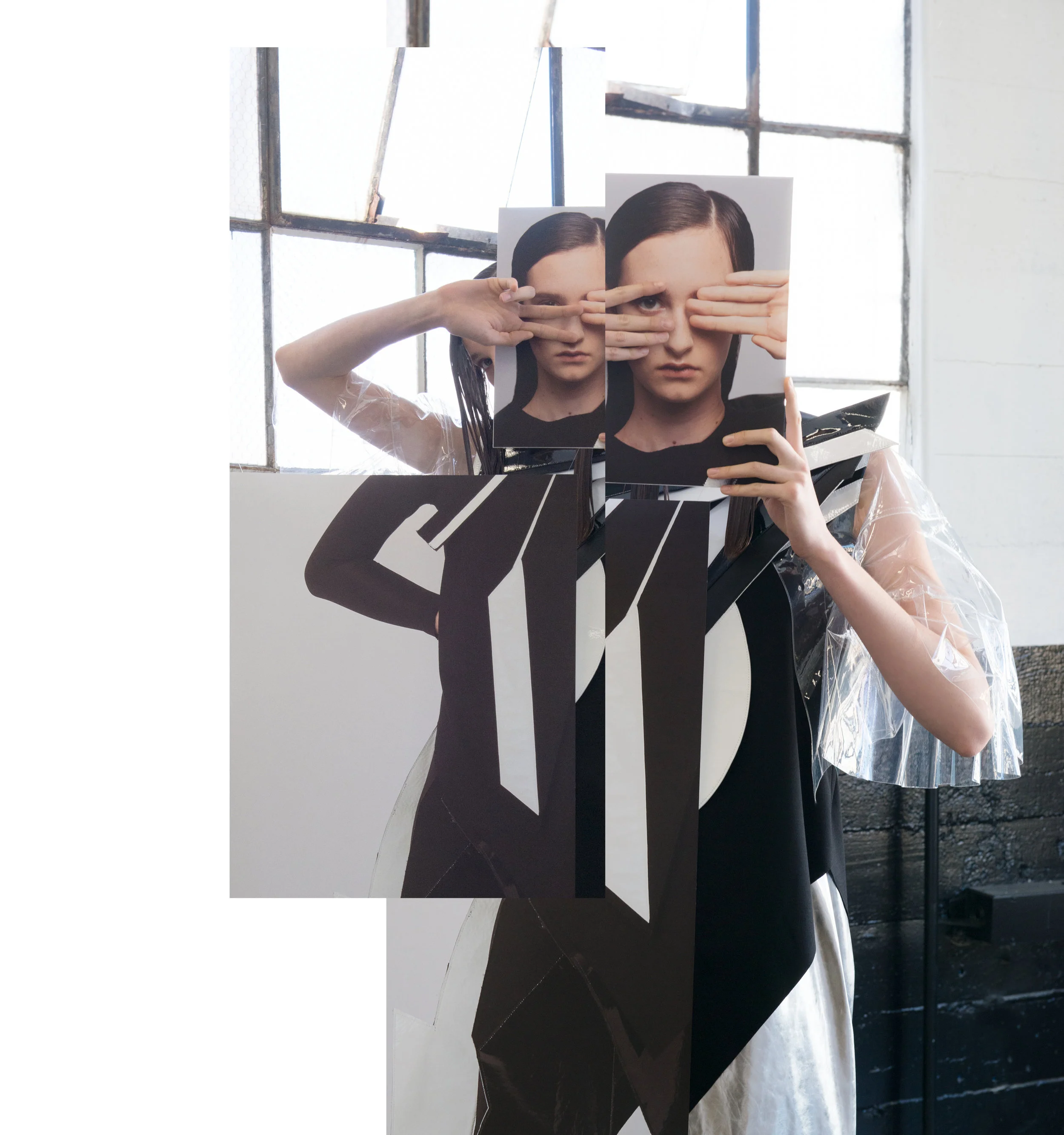 Black and white top and pants by Ryan Yu, MFA Fashion Design. Clear jacket and metallic pants by Hailun Zhou, MFA Fashion Design.