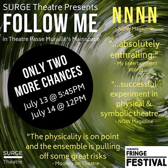 You only have two more chances to catch #FollowMe2018 @toronto_fringe in @beyondwallstpm 
July 13 (TONIGHT) at 5:45PM
July 14 (TOMORROW) at 12PM 
Come out and see some indie theatre 💚

#FringeTO #PSpatio #StartedAtTheFringe #Theatre #TheaTO #cdncult