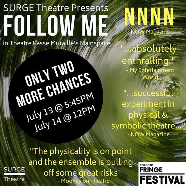 You only have two more chances to catch #FollowMe2018 @toronto_fringe in @beyondwallstpm
July 13 (TONIGHT) at 5:45PM
July 14 (TOMORROW) at 12PM
Come out and see some indie theatre 💚
#FringeTO #PSpatio #StartedAtTheFringe #Theatre #TheaTO #cdncult #performance #physicaltheatre #devisedcreation #devisedtheatre #toronto #thesix #the6 #the6ix #summer #city #indietheatre