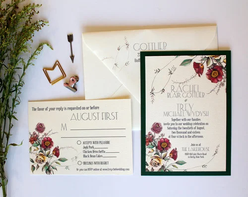 The Botanist Reminiscent of old botany illustrations and seed packets, this suite is charmingly "vintage" without being too trendy. Suite pictured with RSVP postcard, but is can be upgraded to an RSVP card and envelope. Shown with a deep green layer, but available in any color or an upgrade to a pocketfold for the Couture Suite.