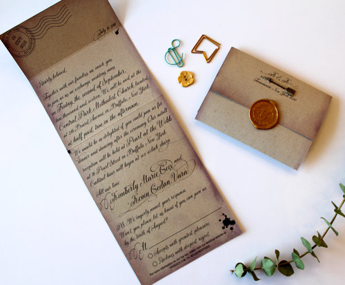 The Loveletter Forget the traditional wedding invitation wording, and invite your guests to your special day with a love letter. Includes all the important info, PLUS a tear-off RSVP card, this all-in-one lovely can mail all by itself, or in an envelope. Wax seal recommended (but not necessary) and is available in a WIDE variety of wax colors.